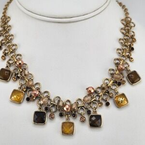 Gold Tone Statement Necklace with Square Beads and Rhinestones Boho Jewelry‎